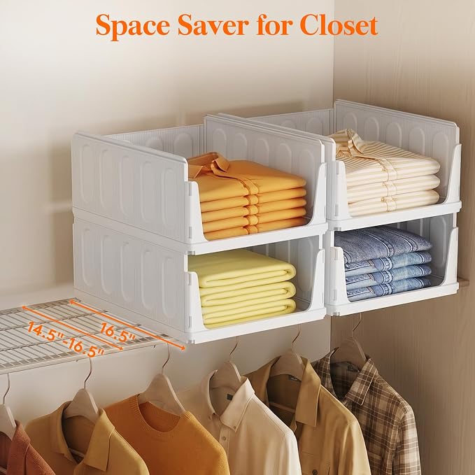 Lifewit 6 Pack Stackable Closet Organizers for Shelf, Plastic Clothes Storage Basket Bins for Wardrobe, Multifunctional Stacking Sweater Containers for Shelves, RV, Pantry, Kitchen, Dorm, 12.6" Wide