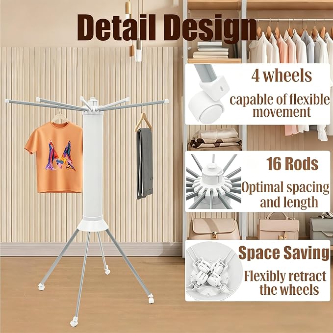 Rolling Foldable Octopus Clothes Drying Rack, Four-Legged Cylinder Clothing Hanger with Wheels, Expandable Clothes Airer with 16 Hanging Rods for Balcony/Laundry Room/Outdoor Camping/Poolside,White