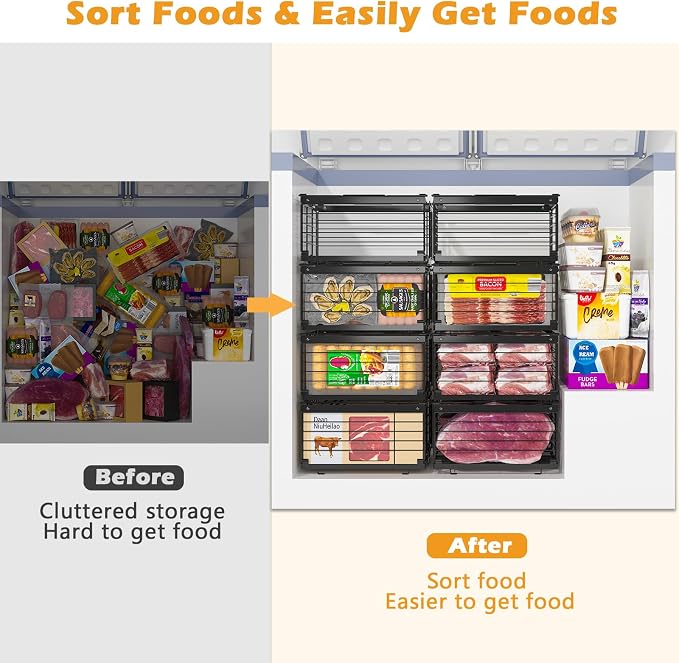 NADAMOO Expandable Chest Freezer Organizer, Stackable Wire Baskets | Adjustable 11-17.3 Inches, Heavy Duty 35 lbs Capacity, Foldable Handles, 360° Airflow, Fits 5-20 Cu Ft Models, 2 Pack