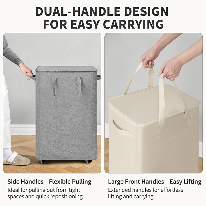 Goodpick 100L Large Rolling Laundry Basket with Wheels and Lid, Gray | 17.2 × 13.2 × 32 in, Removable Wash Bag, Collapsible Design, Clothes & Blanket Storage, Bedroom & Bathroom Organization