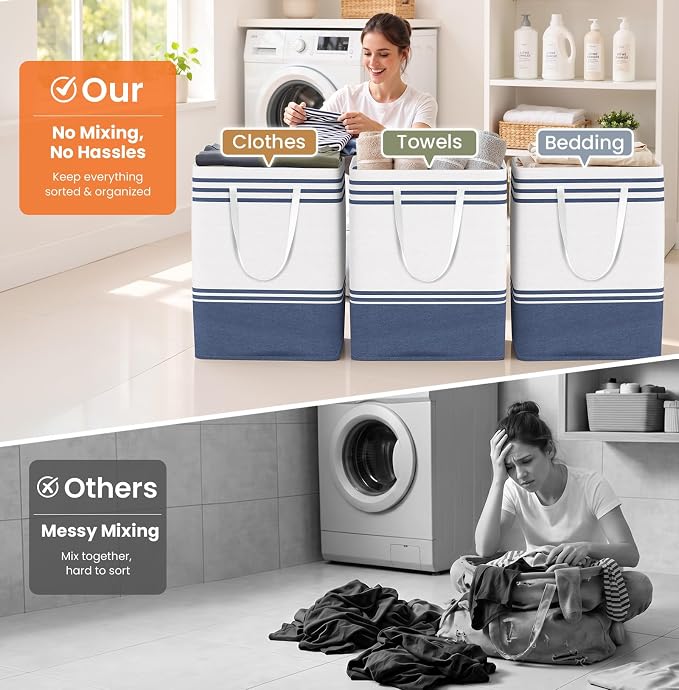 TranquilRelax 3-Pack Laundry Basket, Laundry Hamper, Blue-125L | Freestanding＆Water-Resistant Laundry Hamper, Collapsible Tall Clothes Hamper with Carry Handles for Clothes, Laundry Basket