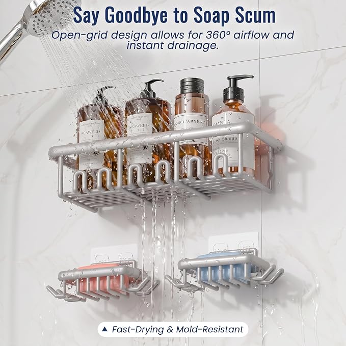 8 Pack Adhesive Rustproof Shower Caddy with Soap Dishes, Toothbrush Holder & Hooks, Large Capacity No-Drilling Shower Shelves Rack for Bathroom Organizers and Storage Accessories, Light Gray