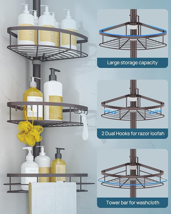 SEIRIONE Rustproof Shower Corner Caddy Organizer for Bathroom, Tension Pole with 4 Baskets, for Bathtub Storage Rack, 34 to 116 Inch Height, Bronze