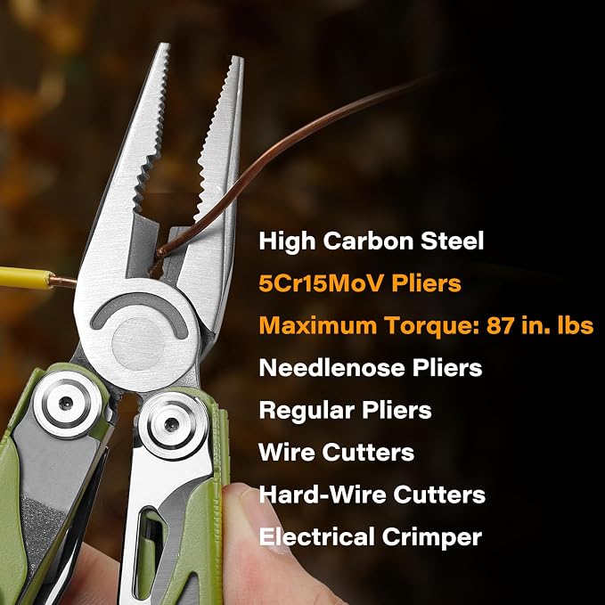 21-in-1 Multi Tool Pliers with Safety Locking and Spring-Action Scissors | Heavy-duty Stainless Steel Kit with Nylon Sheath for Work, Home, Garden, DIY & Auto, Olive Green