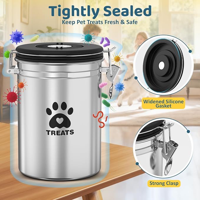ENONCI Dog Treat Container Airtight- 7.2"x4.7" /1.8L Stainless Steel Cat Treat Jar for Kitchen Counter with Scoop, Pet Storage for Fresh Dog Cookie
