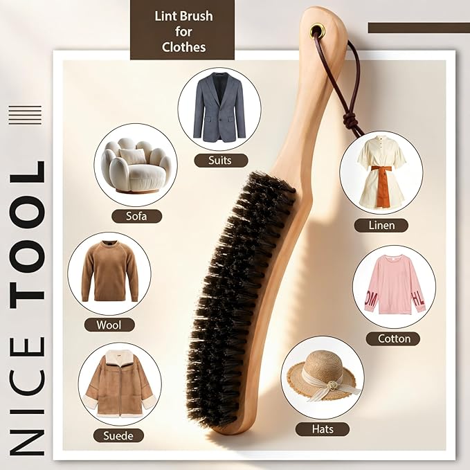 Thenshop 3 Pcs Clothes Brushes Large Beech Wood Handle Soft Horse Hair Bristle Lint Brush for Hat, Suits, Velvet, Suede, Shoe and Pet Hair