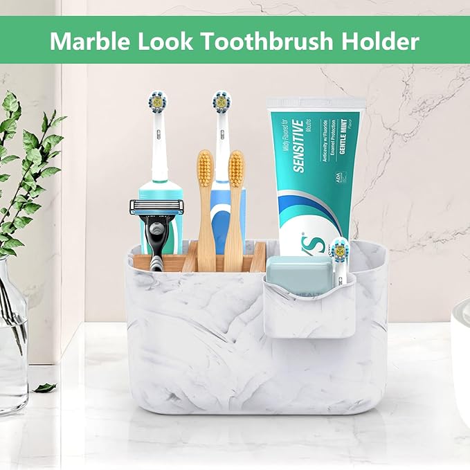 GFWARE Marble Toothbrush Holder, Bathroom Storage Organizer with Small Box | 5 Slots Marble Toothbrush Organizer for Bathroom Countertop Accessories Storage, Kids Electric Tooth Brush Holder