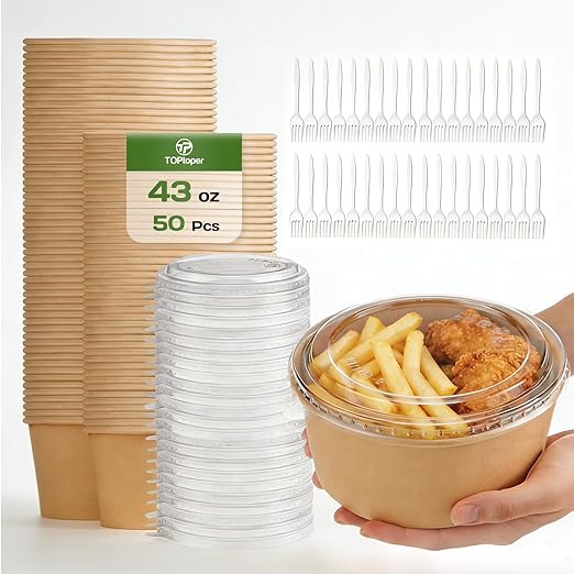 TOPtoper Paper Bowls 43Oz 50Pcs with Lids and Forks | Heavy Duty, Kraft Paper, Soak-Proof, For Hot/Cold Food, Disposable Meal Prep Containers