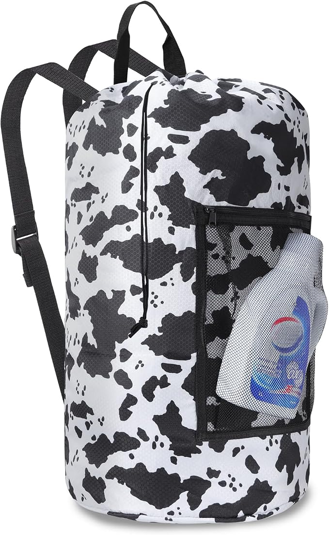 Laundry Bag Backpack Durable Laundry Bag with Shoulder Straps and Mesh Pockets Portable Laundry Hamper Dirty Clothes Bag for College, Travel, Laundromat, Apartment (Cow Print)