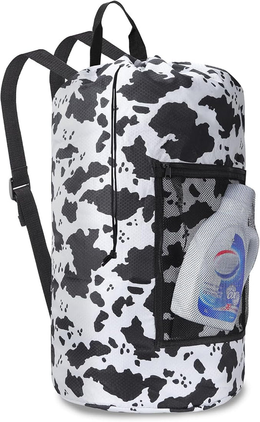 Laundry Bag Backpack Durable Laundry Bag with Shoulder Straps and Mesh Pockets Portable Laundry Hamper Dirty Clothes Bag for College, Travel, Laundromat, Apartment (Cow Print)