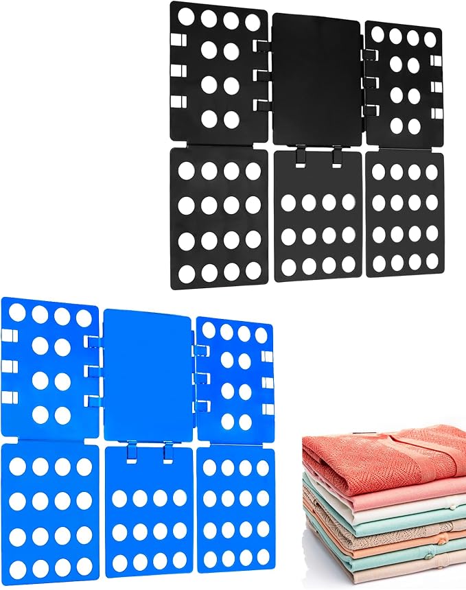 QWORK PP Composite Folding Board, 2 Pack Folding Clothes Board - Black + Blue, One-Hand Operation Laundry Folding Tool, Non-Slip Silicone Buckles, T Shirt Folder, Laundry Folders for All Garments