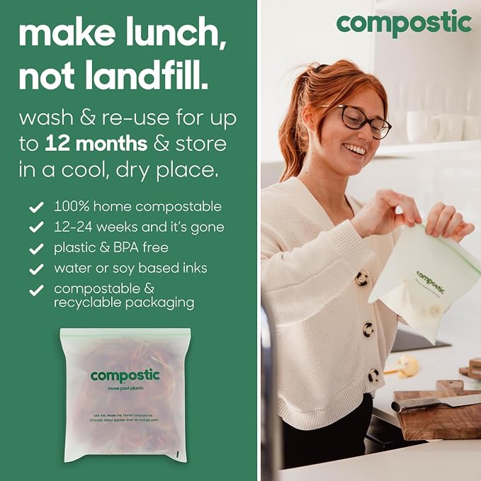 Compostic Compostable Snack Bags, Snack Size (180 + 20 Count) Bulk Pack — Resealable Zip-Seal, Plant-Based, Home Compostable, Freezer Safe, BPA-Free, Non-Toxic, GMO-Free Food Storage Bags