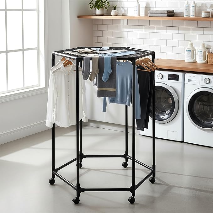 Clothes Rack with Wheels, Clothing Rack with drying mesh, Standing Garment Storage for Indoor, Hanging Rod for Bedroom Laundry Room, Coat Dress Organizer on Wheels (48.4" H)