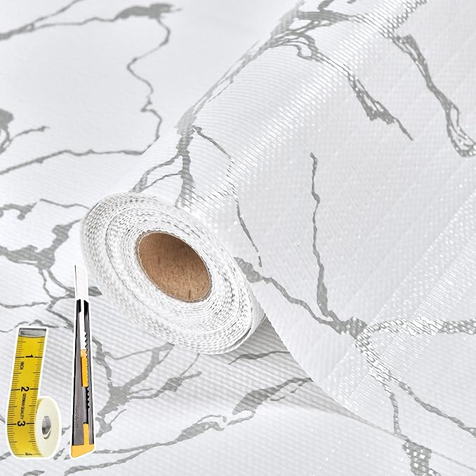 Drawer and Shelf Liner for Kitchen Cabinet: 23.6 in X 20 Ft Non Slip | Waterproof Shelf Paper Non Adhesive Refrigerator Liners Silver Marble Easy Liners for Bathroom with Knife Tape Measure