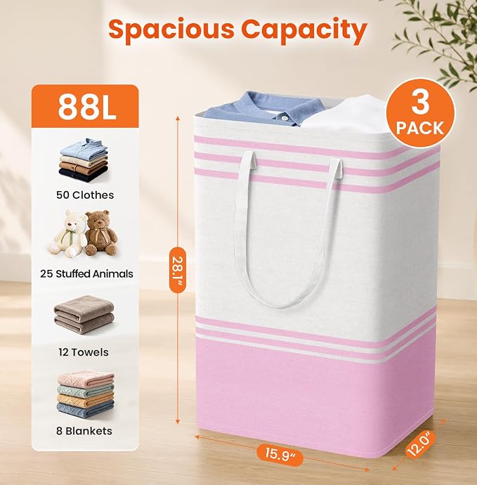 TranquilRelax 3-Pack Laundry Basket, Laundry Hamper, Pink-88L | Freestanding＆Water-Resistant Laundry Hamper, Collapsible Tall Clothes Hamper with Carry Handles for Clothes, Laundry Basket