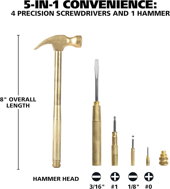 GreatNeck 5-in-1 Hammer, Built in Multitool Screwdriver, Chrome Plated | Includes Four Screwdrivers and One Hammer, Rust Resistant, Great for Household Projects, Lightweight and Easy to Use