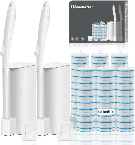 2 Pack Disposable Toilet Brush with 60 Refills, Wall Mounted Toilet Bowl Cleaner Wand Kit and Holder, Bathroom Cleaning Supplies, Toilet Scrubber Disposable Heads