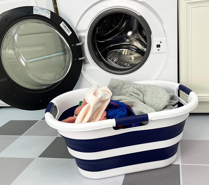 SAMMART 40L (10.5 gallon) Collapsible Plastic Laundry Hamper - Foldable Pop Up Storage Container/Organizer - Portable Washing Tub - Space Saving Basket (1, White/Starry Blue)