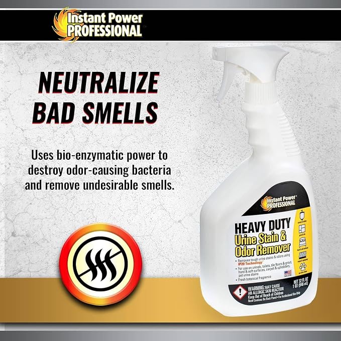 Instant Power Professional Enzyme Stain & Odor Remover, 32 fl oz | Heavy-duty bio-enzymes break down organic matter & urine, works on carpet, fabric, vinyl, tile & grout, no harsh chemicals