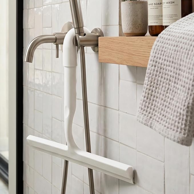 Shower Squeegee for Glass Doors, 10 Inch Silicone Shower Squeegee with Built-in Hook, Squeegee for Shower Glass, Bathroom Shower Door Squeegee for Tile Wall, Mirror, Window, Car Glass (White)