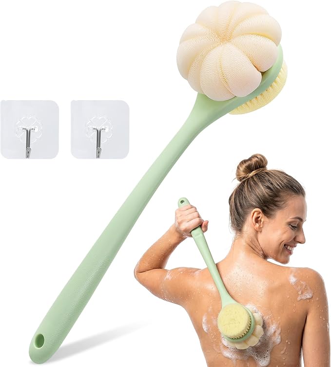 Back Scrubber for Shower with Long Handle, Double-Sided Shower Brush for Body, Loofah Back Scrubber & Bristle Bath Brush, Back Brush for Shower Exfoliating Hard-to-Reach Areas, Bath Brush Long Handle
