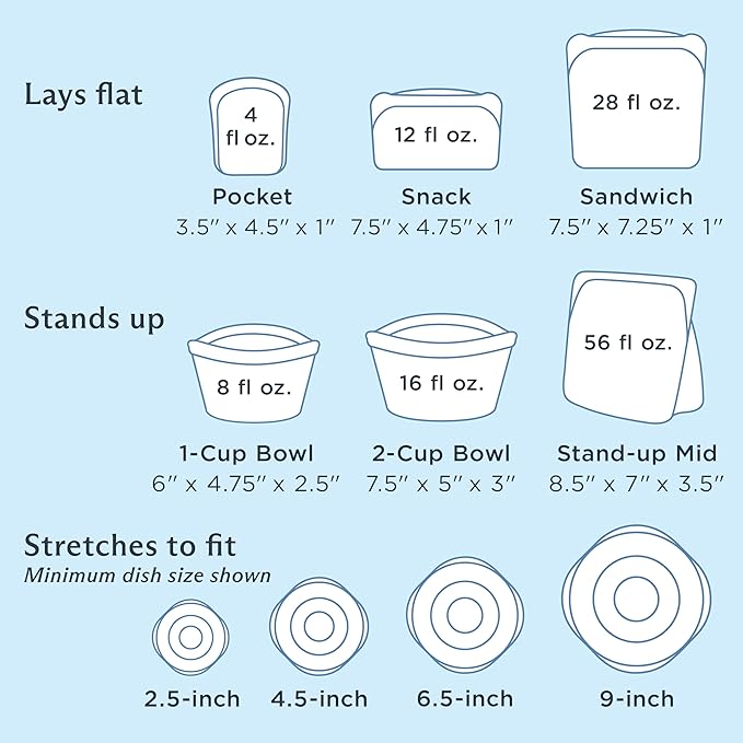 Stasher Silicone Reusable Storage Bags & Stretch Lids, 10-Pack Starter Kit, Reusable Freezer Bags, Microwave, Dishwasher, Oven Safe, Sous Vide, Lunch Containers, Eco Friendly, Food Storage Bags, Clear