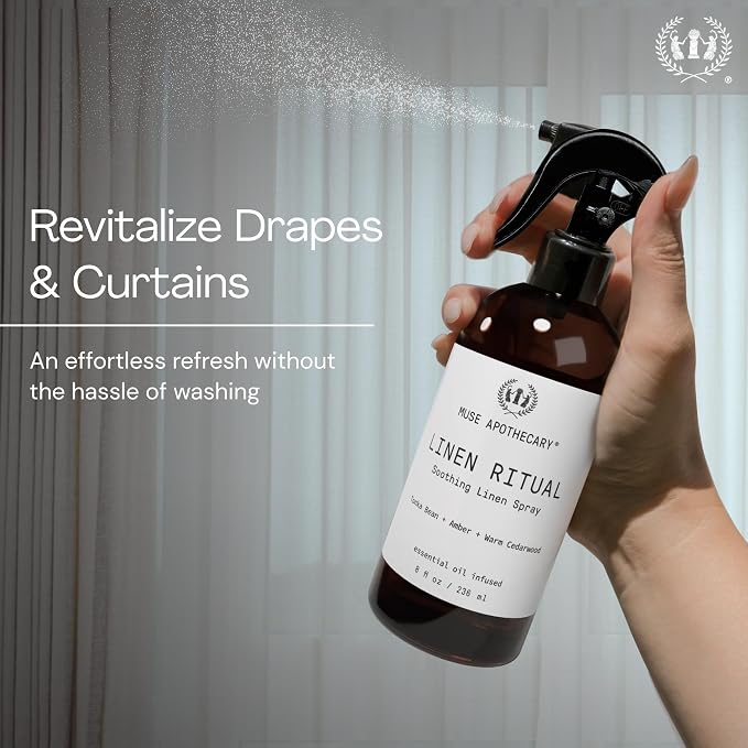 Muse Apothecary Linen Ritual - Aromatic, Soothing, and Relaxing Linen Mist, Laundry and Fabric Spray - Infused with Aromatherapy Essential Oils - 8 oz, Tonka Bean + Amber + Warm Cedarwood