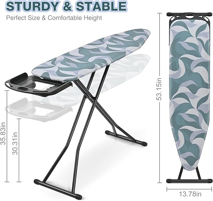 KINGBOARD Foldable Ironing Board Full Size, Iron and Ironing Board Set Large Size, Iron Boards with Ironrest & Adjustable Height,Heavy Duty Iron Table Stand with Metal Legs &Thick Cover,14×54 Blue