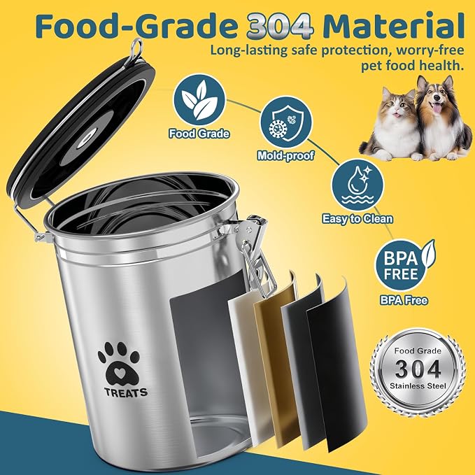 ENONCI Dog Treat Container Airtight,8.2"x5.9" Stainless Steel Cat Treat Jar for Kitchen Counter with Scoop, Pet Storage for Fresh Dog Cookie