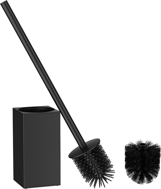 FORIOUS Short Toilet Brush and Holder Set, Heavy Duty 304 Stainless Steel Base Square and Long Handle for Bathroom Deep Cleaning, Drip-Proof, Space Saving for Storage, 2 Toilet Bowl Brush Head, Black