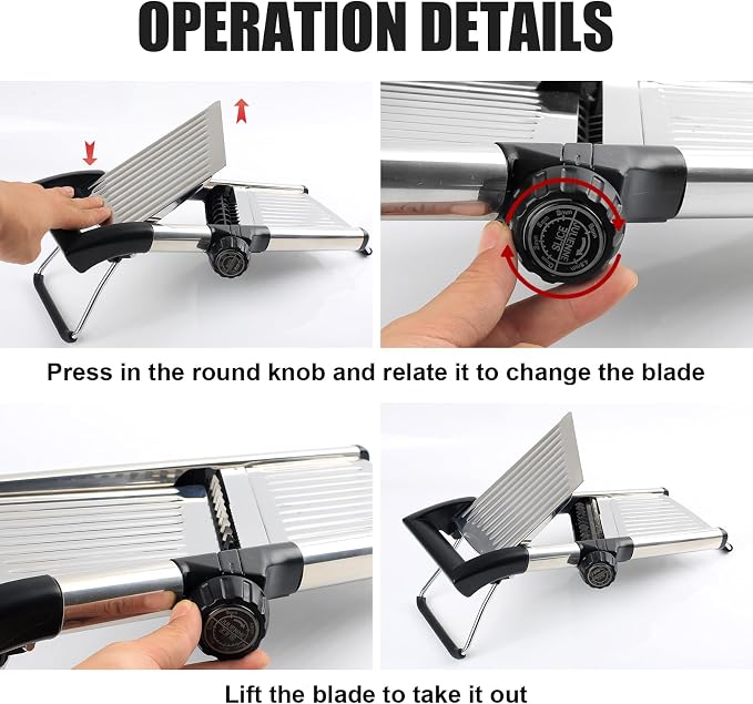 Mandoline Slicer for Kitchen, Adjustable Vegetable Slicer - Stainless Steel | Adjustable stainless steel blade slices potato, onion and tomato evenly; food holder and gloves help make kitchen prep safer.