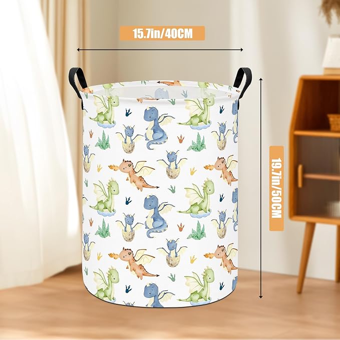 Round Laundry Basket Collapsible Storage Hamper Parent-child Dragon | Waterproof Canvas Foldable Baskets with sturdy Handles Multi-scene Organizer for Home Play Bedroom Gift Bin