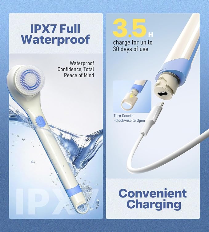 POPCHOSE Electric Body Brush for Shower with Long Handle, Waterproof | Rechargeable back scrubber with 5 interchangeable heads and 2 speeds for deep cleansing, exfoliating and massage.