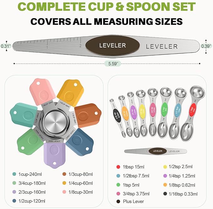 Magnetic Measuring Cups & Spoons Set, Strong N52 Magnets, Heavy Duty 304 Stainless Steel, Dual-Sided Design Fits Spice Jars, Easy-to-Read Markings, 16-Piece Set with Leveler for Baking & Cooking