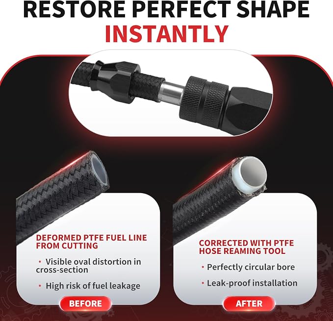Dual-Size PTFE Hose Assembly Tool, PTFE Hose Reaming & Separate Tool, Fuel Line Bore Corrector for 6AN & 8AN Fuel Lines, Black Anodized Aluminum, Oil resistant & Durable Design