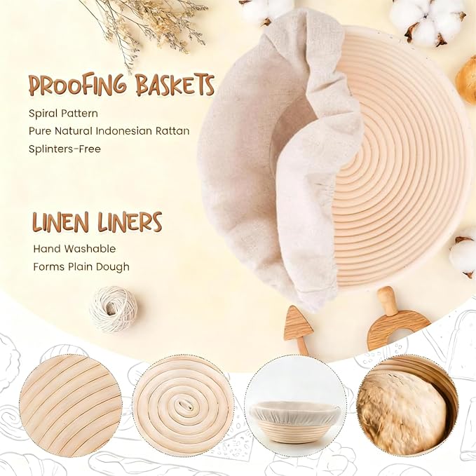 Sourdough Bread Baking Supplies Kit, Banneton Bread Proofing Basket 9" Round, Starter Jar,Complete Sourdough Tools Ideal Gifts for Mom Wife Women Bakers