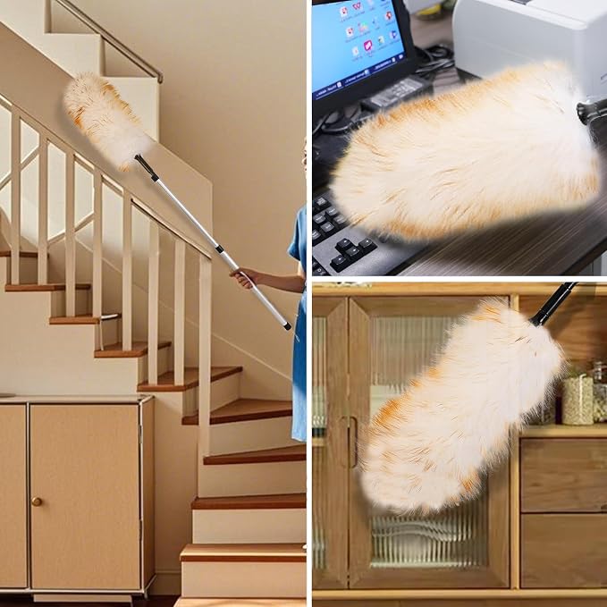 Lambswool Duster Extendable 31-55 Inch, Natural Electrostatic Feather Duster for Cleaning with Aluminum Extension Pole Reusable for High Ceilings, Fans, Blinds, Furniture, Interior & Roof Dusting