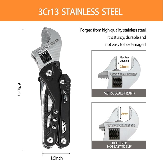 14-in-1 Adjustable Wrench Multitool EDC, Compact Multi Tool with Pliers, Knife, Saw, Screwdrivers, 30Cr13 Stainless Steel Tool for Home Repair, DIY, Camping, Hiking, and Outdoor Use