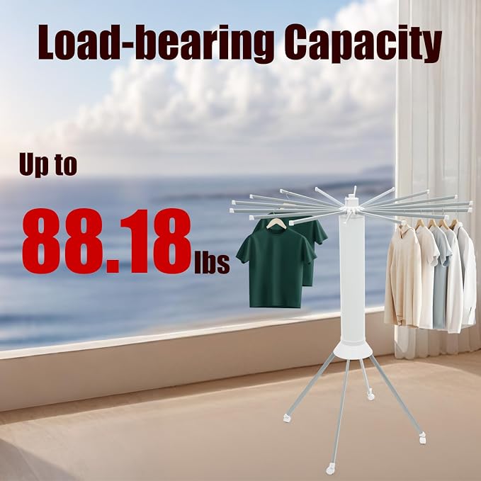Rolling Foldable Octopus Clothes Drying Rack, Four-Legged Cylinder Clothing Hanger with Wheels, Expandable Clothes Airer with 16 Hanging Rods for Balcony/Laundry Room/Outdoor Camping/Poolside,White