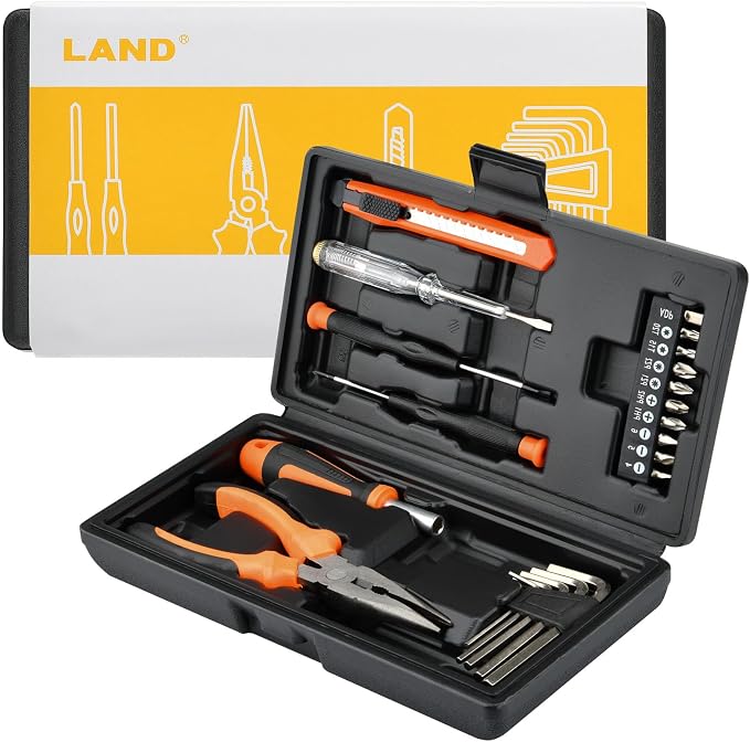 LAND 22-Piece Compact Tool Kit with Toolbox | Essential Household Tools for Home Repair, DIY Projects, Includes Pliers, Screwdrivers & Portable Storage Case