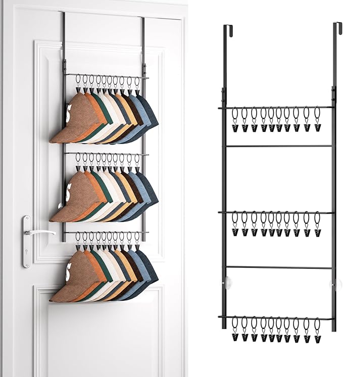 HapiRm Over Door Hat Rack - 3 Tier Wall Mounted Hat Organizer with 30 Movable Clips, Baseball Cap Organizer Storage Holds up to 30 Caps for Door, Bedroom, Closet