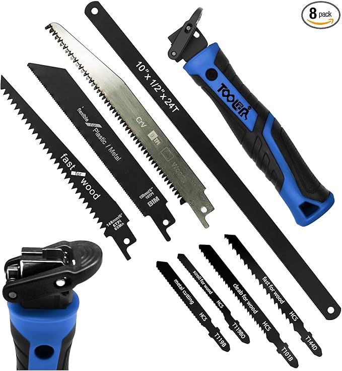 8-In-1 Multi Blades Hand Saw, Drywall, Hacksaw, Jab Saw & Wood Cutter Tool | Blade Quick Change Mechanism, For Cutting Drywall, Wood, Metel, Plastic, Plywood. Lightweight manual saw. Blue Handle
