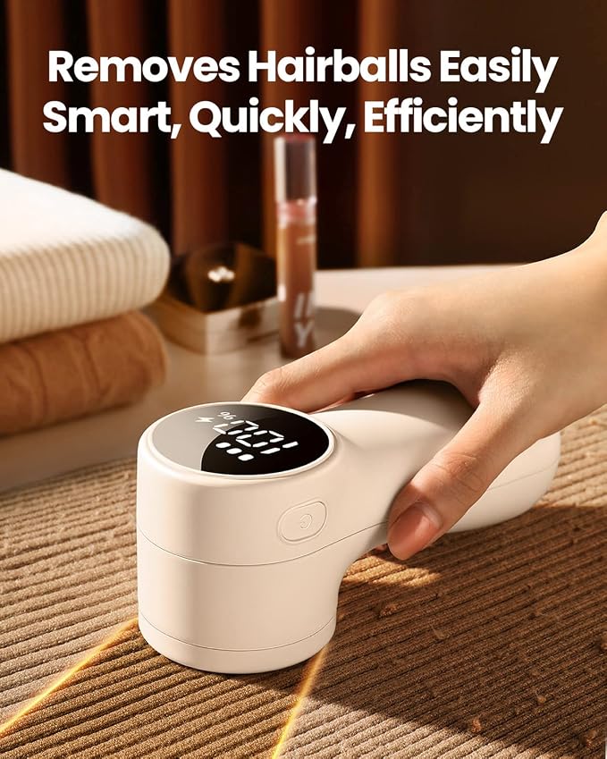 GAIATOP Fabric Shaver Rechargeable Lint Remover, 3 Speeds Sweater Defuzzer | Fuzz Pills Bobbles Trimmer, Cute Digital Screen Large Storage 6-Leaf Blades, for Clothes Furniture Bedclothes White 1 pcs