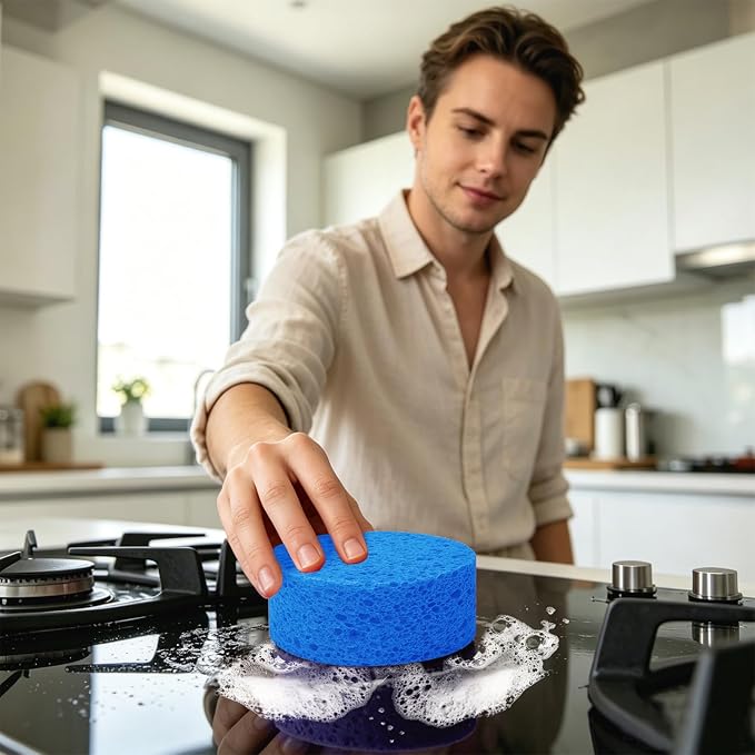 3-Pack Large Sponge, Kitchen Sponges, Handy Sponges, Cellulose Sponges, Dish Washing Sponge, Natural Sponge, Car Washing Sponge, Eco Friendly Sponge (Round, 4" X 4" X 2"), Blue