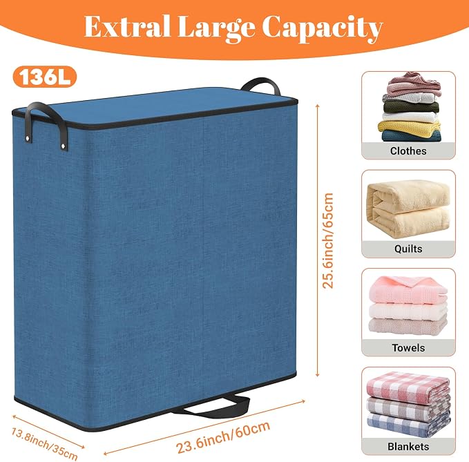 136L 2 Section Laundry Hamper with Lid, Laundry Basket, Blue | Large Laundry Hampers with Reinforced Handles & Removable Bags, Tall Dirty Clothes Hamper for Laundry Room, Bedroom, Bathroom