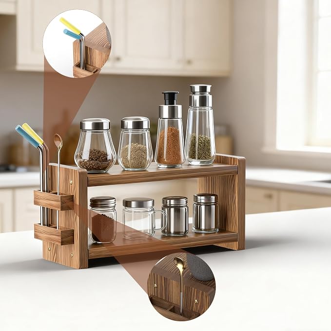 2 Tier Solid Wood Coffee and Matcha Station Organizer Farmhouse | with Straw Holder for Matcha, Pods, Sugar, Tea, Cups, Stirrers, Mugs Storage Countertop