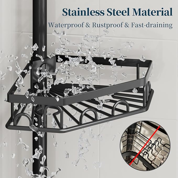 Consumest Shower Caddy Tension Pole - 4 Tier Corner Shower Shelves with Brush & Soap Holder, 304 Stainless Steel Rustproof Adjustable Organizer Rack for Bathtub, Bathroom, 27.6-108.3 Inch, Black