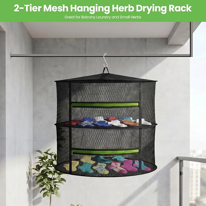 MEKOLIFE 2-Layer Hanging Herb Drying Rack, Small Mesh Net | 11.81 Inch Mesh Drying Rack with Zipper and Hooks, Indoor Outdoor for Herbs, Fruits, Seafood, Camping Food, Socks, Underwear