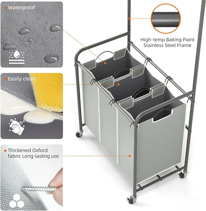 ROMOON Laundry Sorter Hamper with Hanging Bar, 3 Section Laundry Cart | Rolling Laundry Basket Organizer with Clothes Rack & Heavy-Duty Lockable Wheels for Apartment, Dorm, Small Spaces, 135L, Grey