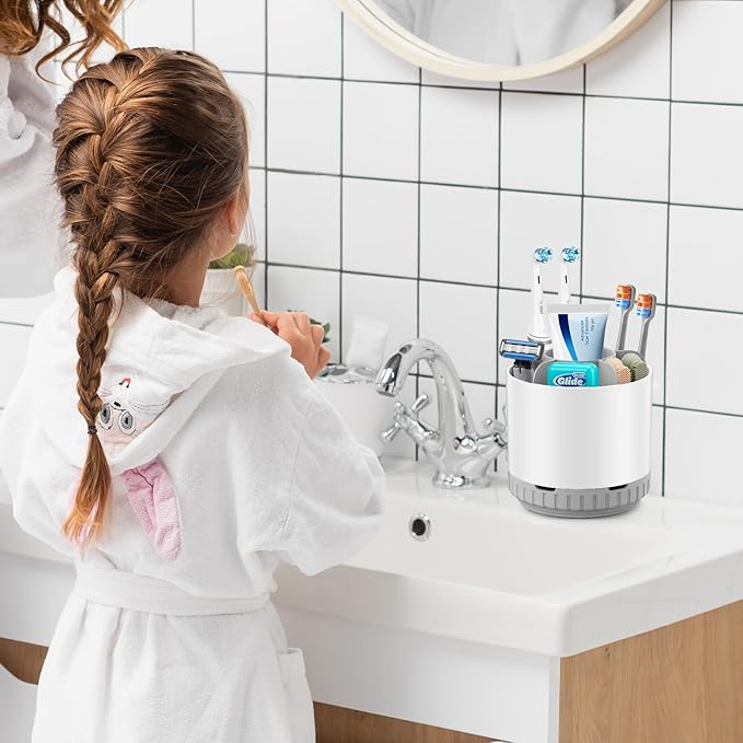 GFWARE Toothbrush Holders for Bathrooms - White Rotating Kids Electric Toothbrush and Toothpaste Holder, Detachable 6 Slots Tooth Brush Organizer Bathroom Countertop Storage